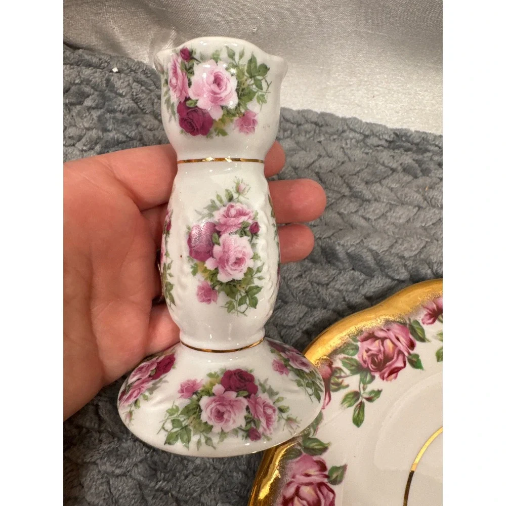 Salisbury Bone China England Pink Rose‎ Candlesticks and Scalloped Dish Set 3pc